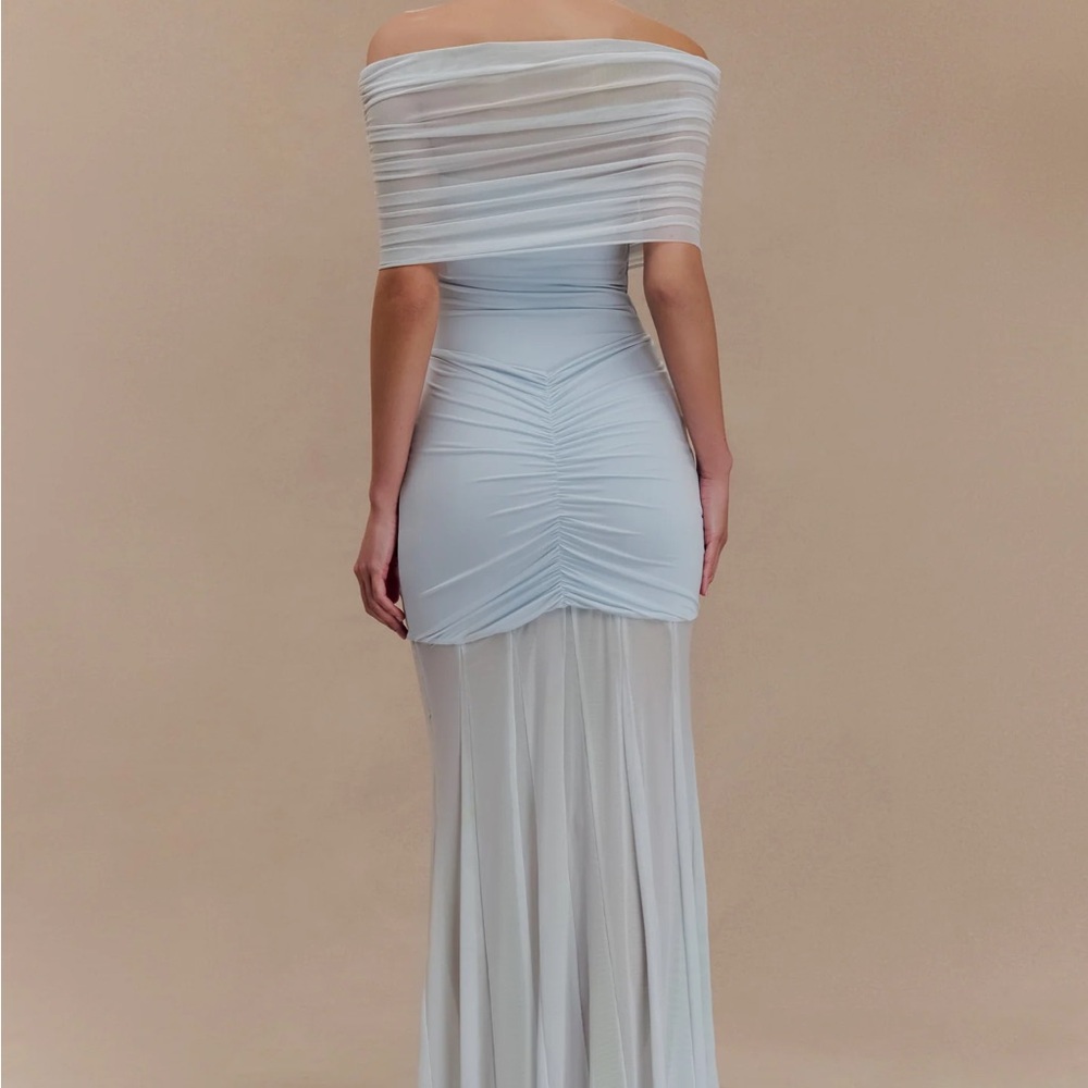 Off-Shoulder light blue Ruched Mesh Evening Dress - Picture 2 of 3